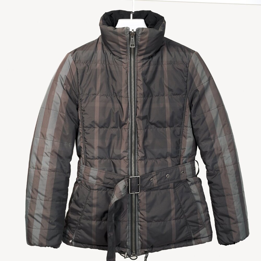 Burberry Brit Grey-Check Reversible Belted Goose Down Puffer Jacket